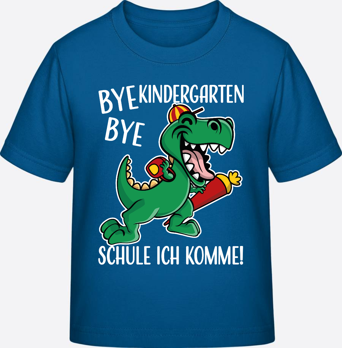 T-Shirt Einschulung: Bye Bye Kindergarten Dino mit Name - Royal Blue