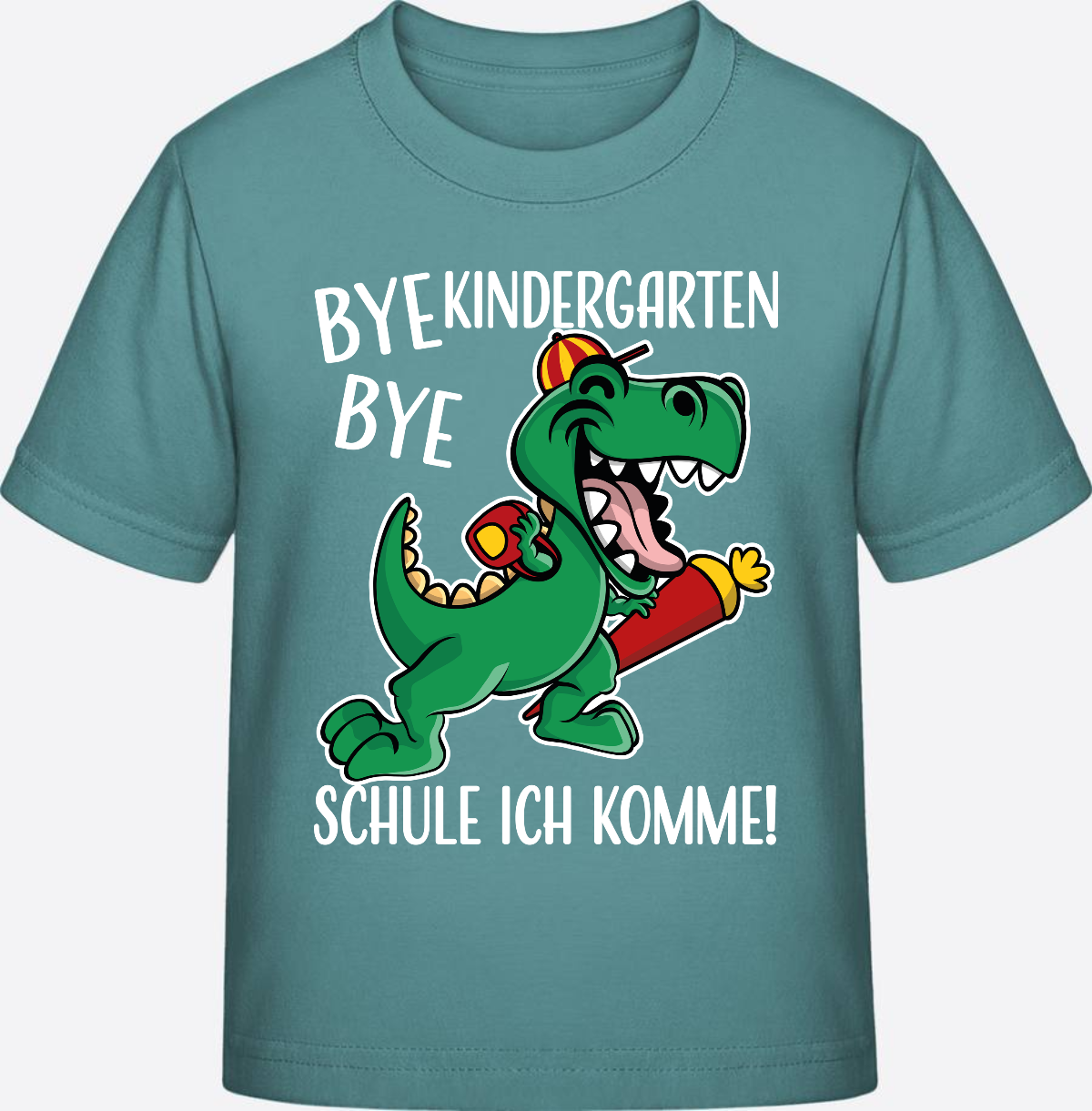 T-Shirt Einschulung: Bye Bye Kindergarten Dino mit Name - Teal Monstera