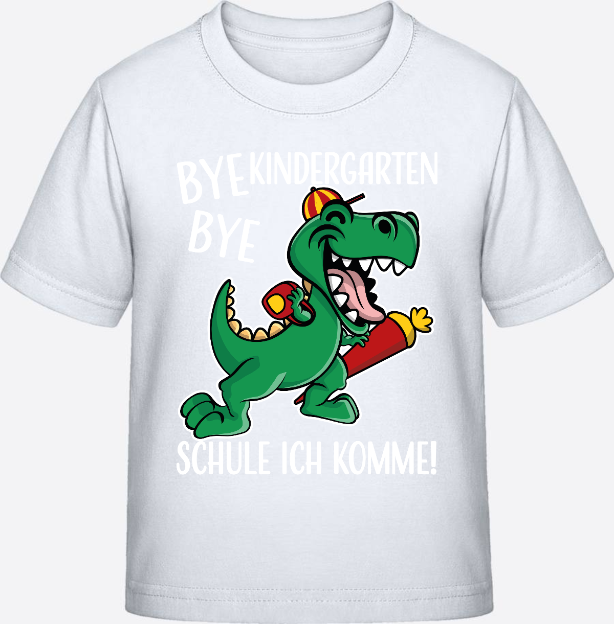 T-Shirt Einschulung: Bye Bye Kindergarten Dino mit Name - White