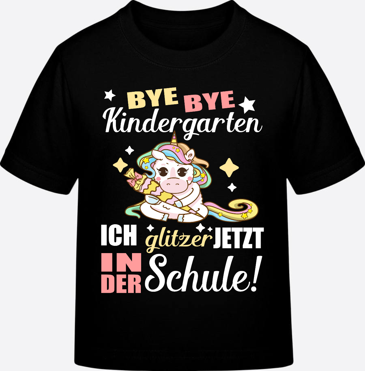 T-Shirt Einschulung: Bye Bye Kindergarten Einhorn mit Name - Black