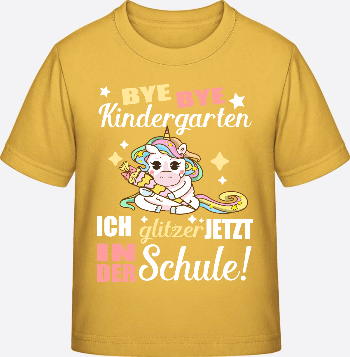 T-Shirt Einschulung: Bye Bye Kindergarten Einhorn mit Name - Gold