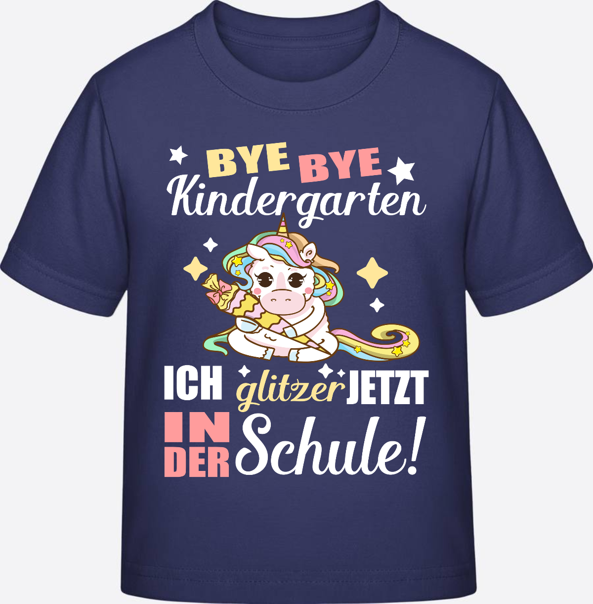 T-Shirt Einschulung: Bye Bye Kindergarten Einhorn mit Name - Indigo