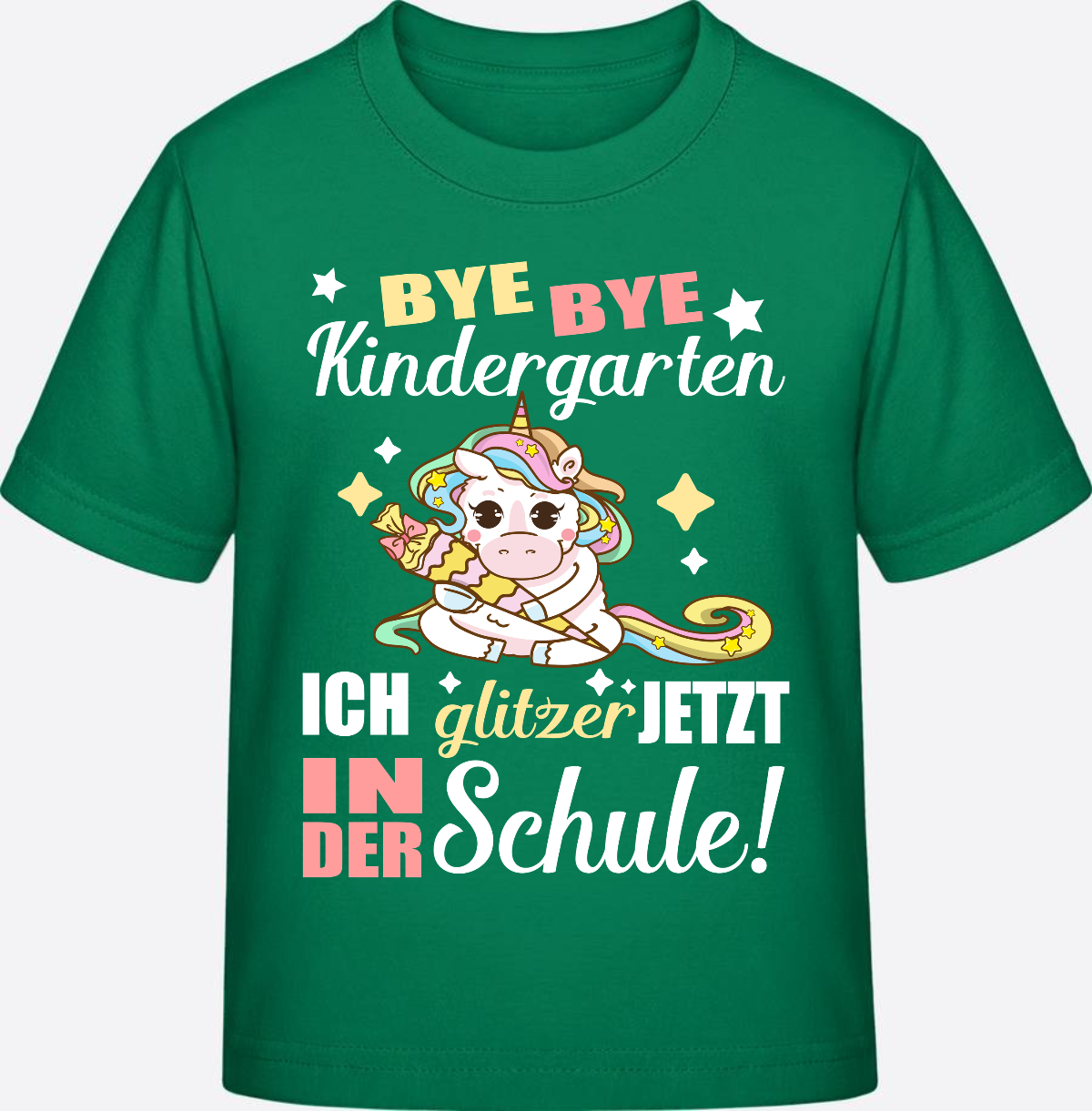 T-Shirt Einschulung: Bye Bye Kindergarten Einhorn mit Name - Kelly Green