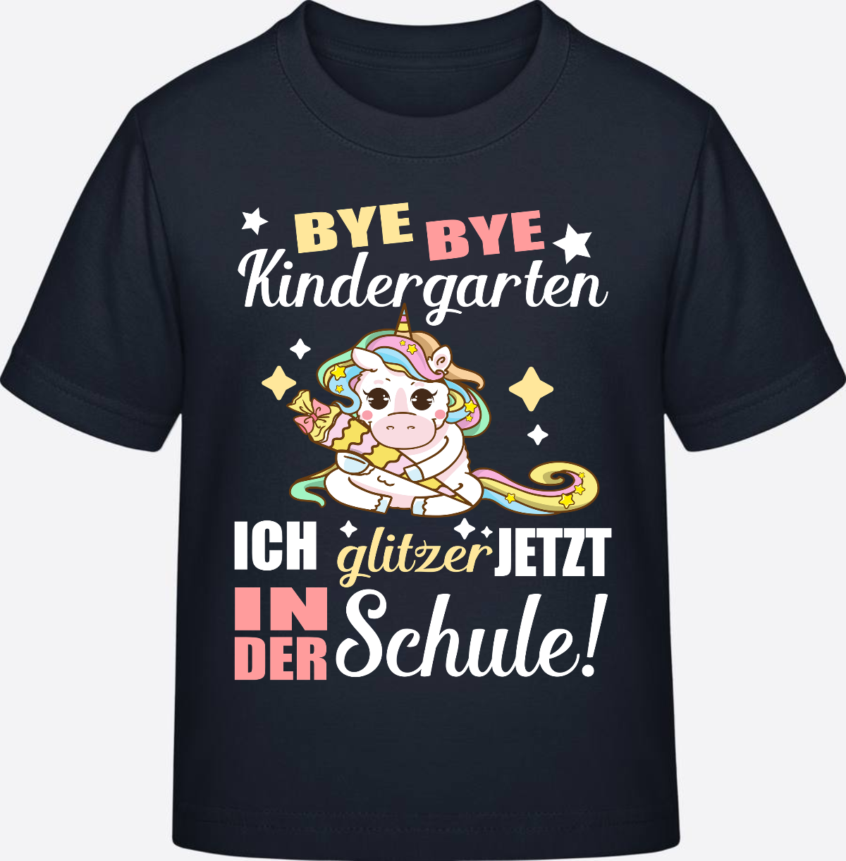 T-Shirt Einschulung: Bye Bye Kindergarten Einhorn mit Name - Navy