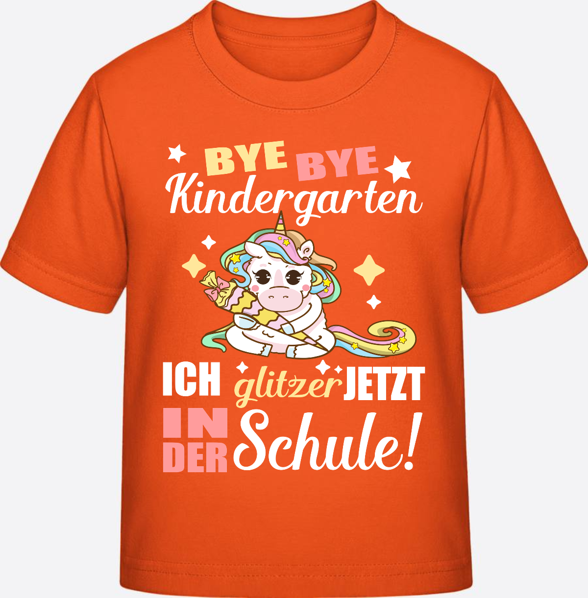 T-Shirt Einschulung: Bye Bye Kindergarten Einhorn mit Name - Orange