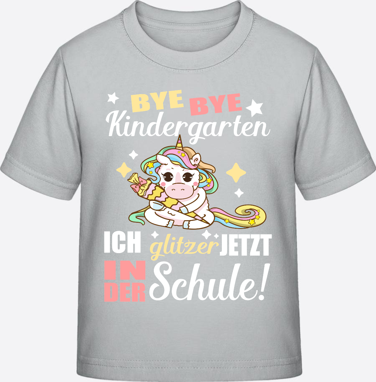 T-Shirt Einschulung: Bye Bye Kindergarten Einhorn mit Name - Pacific Grey