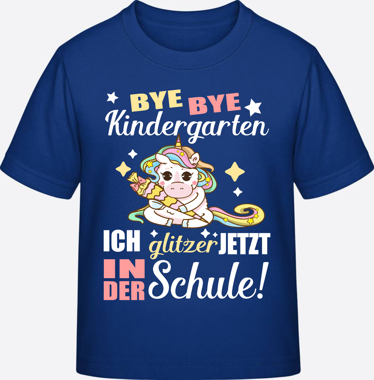 T-Shirt Einschulung: Bye Bye Kindergarten Einhorn mit Name - Royal