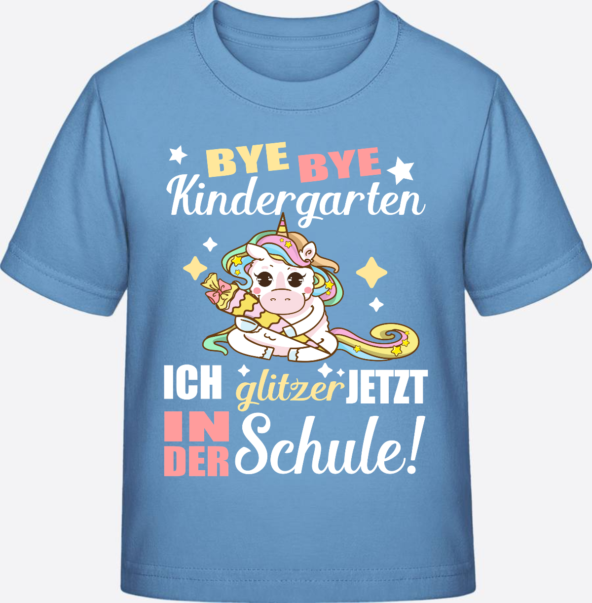 T-Shirt Einschulung: Bye Bye Kindergarten Einhorn mit Name - Sky Blue