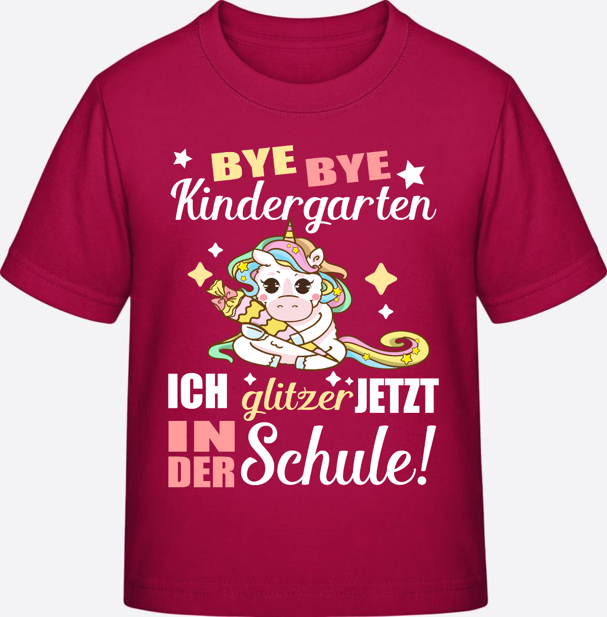 T-Shirt Einschulung: Bye Bye Kindergarten Einhorn mit Name - Sorbet
