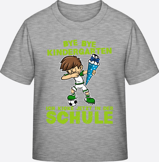 T-Shirt Einschulung: Bye Bye Kindergarten Fußball Dabbing - Heather Grey