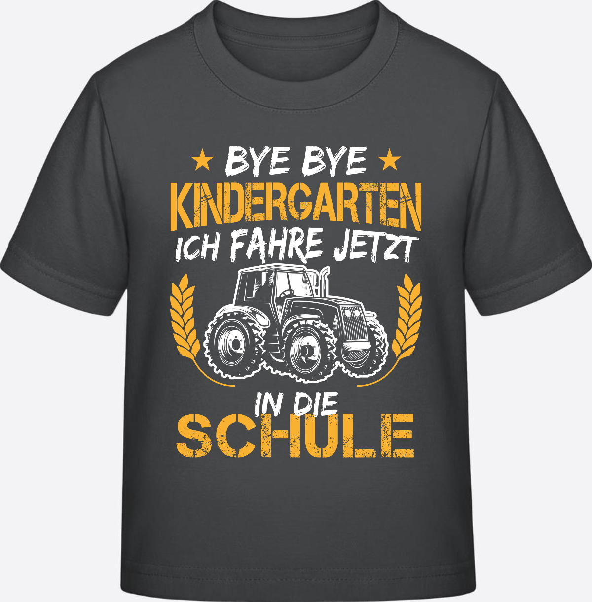 T-Shirt Einschulung: Bye Bye Kindergarten Traktor Weiß-Orange - Anthracite