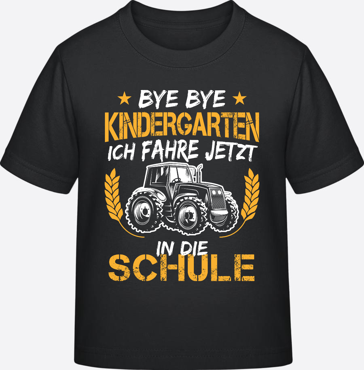 T-Shirt Einschulung: Bye Bye Kindergarten Traktor Weiß-Orange - Black