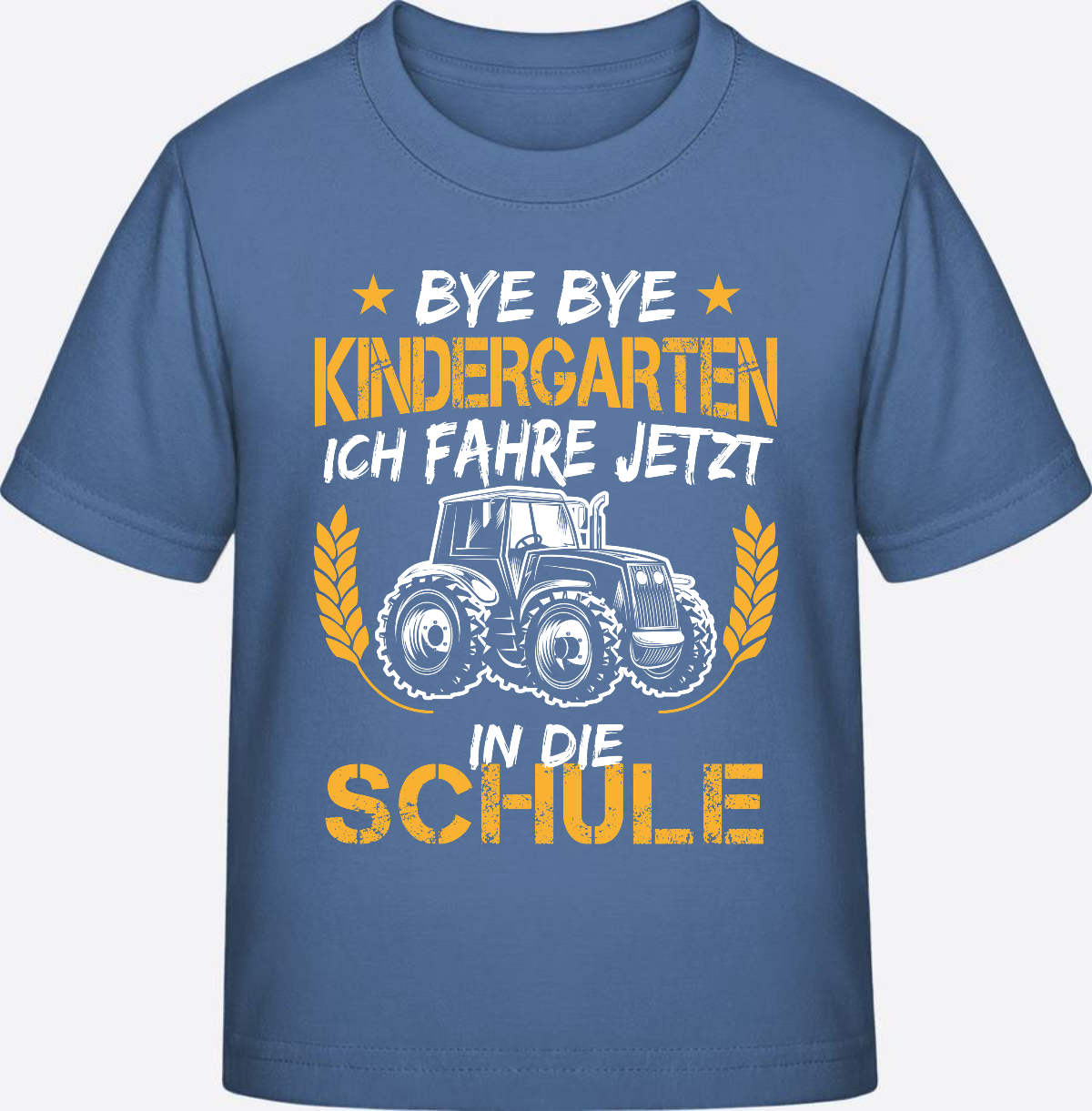 T-Shirt Einschulung: Bye Bye Kindergarten Traktor Weiß-Orange - Bright Blue