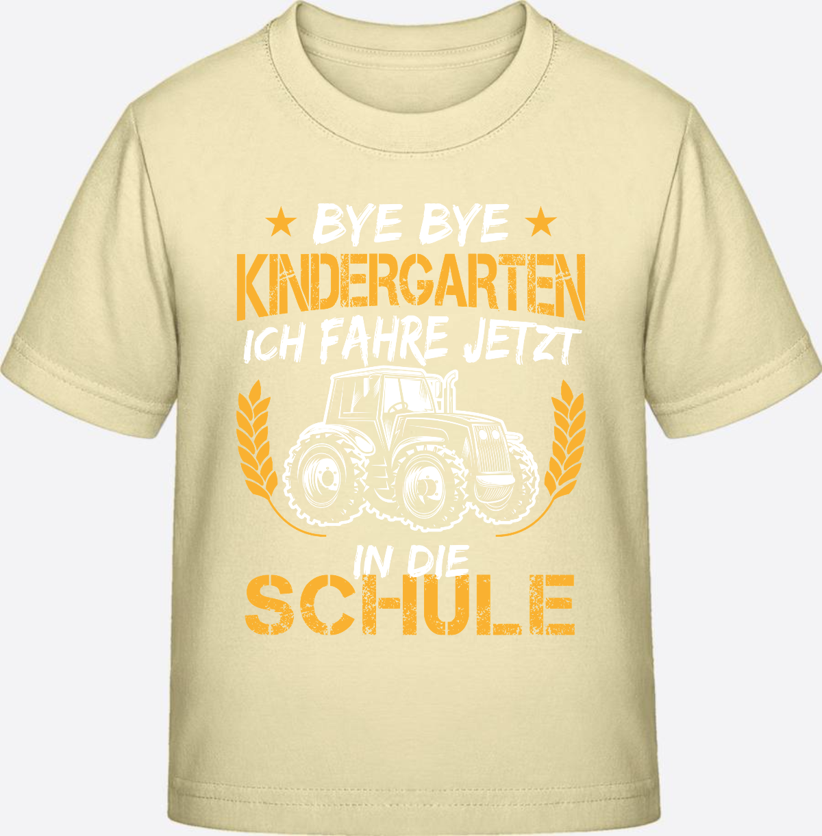 T-Shirt Einschulung: Bye Bye Kindergarten Traktor Weiß-Orange - Butter