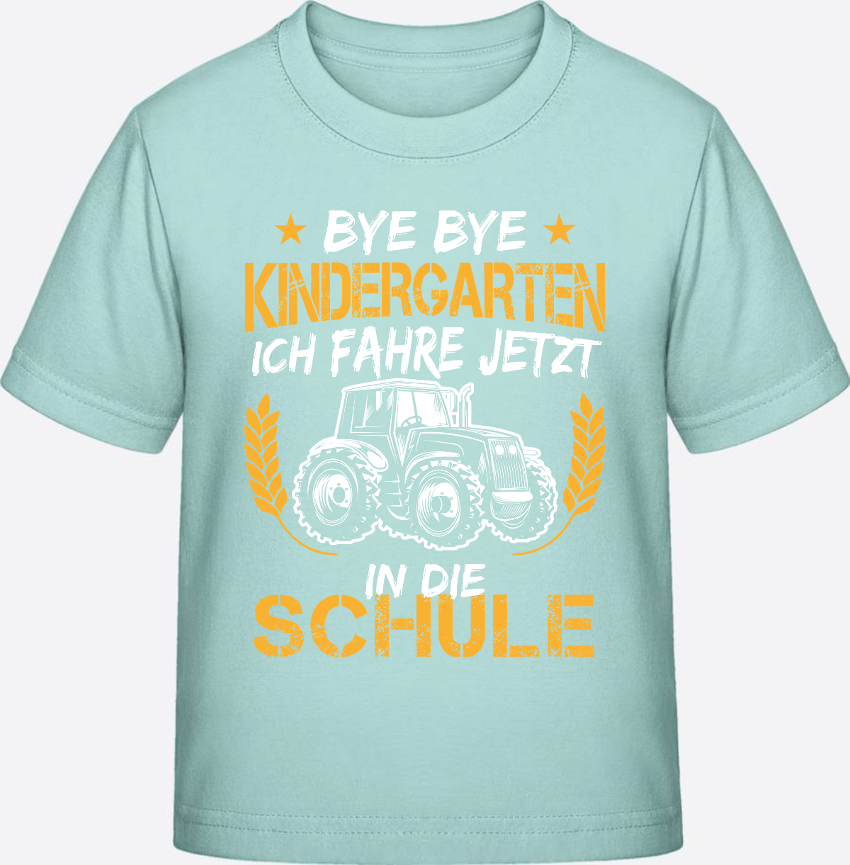 T-Shirt Einschulung: Bye Bye Kindergarten Traktor Weiß-Orange - Caribbean Blue