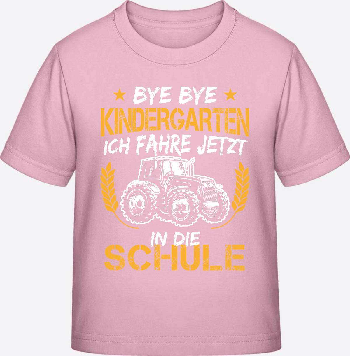T-Shirt Einschulung: Bye Bye Kindergarten Traktor Weiß-Orange - Cotton Pink