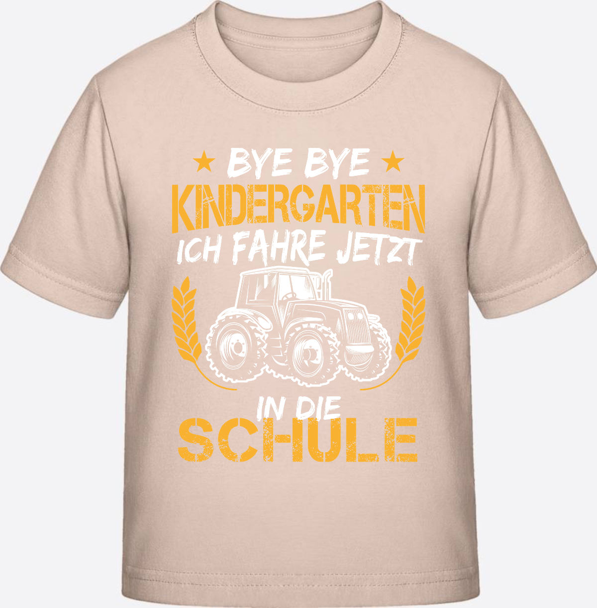 T-Shirt Einschulung: Bye Bye Kindergarten Traktor Weiß-Orange - Eco-Heather