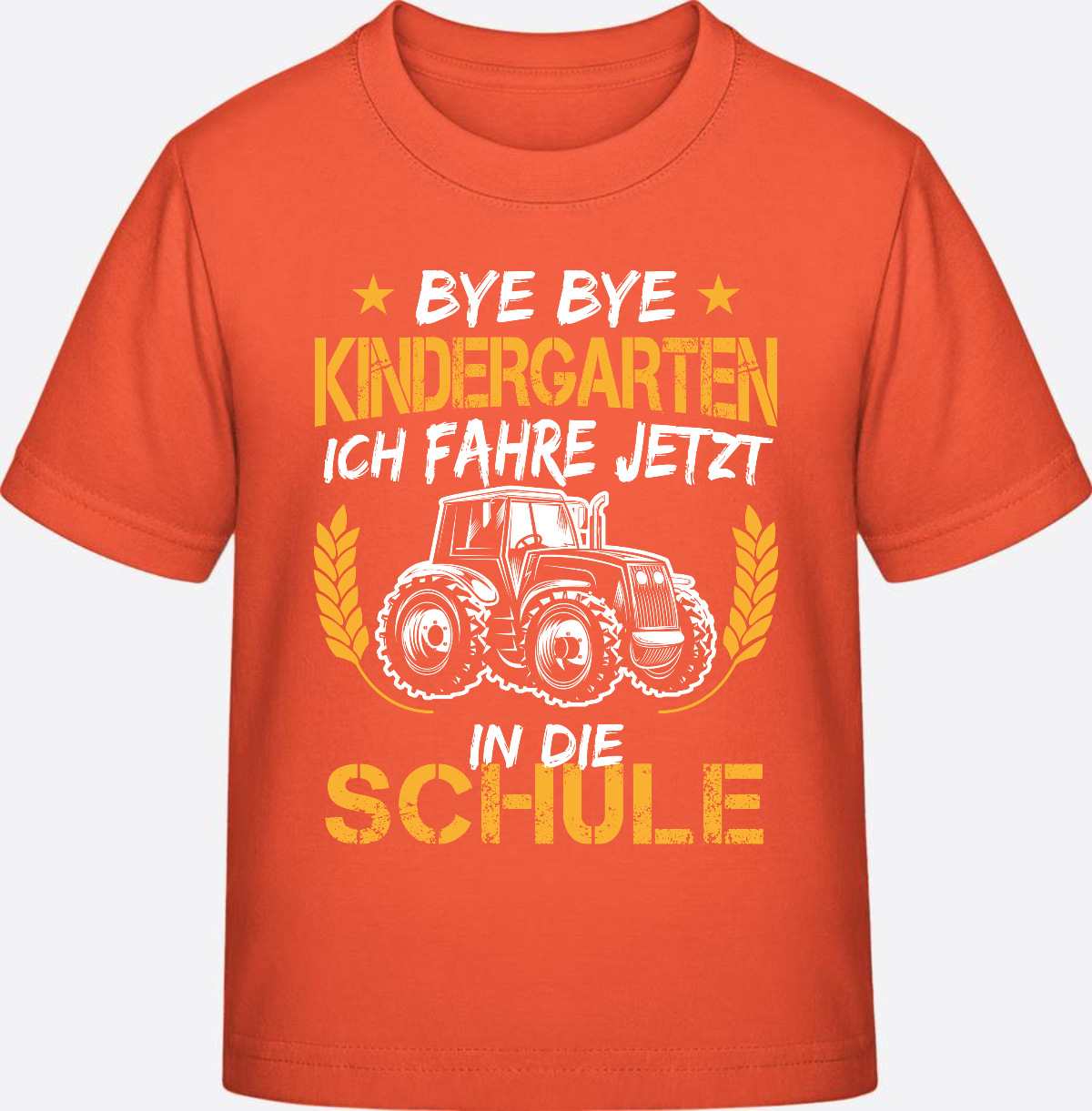 T-Shirt Einschulung: Bye Bye Kindergarten Traktor Weiß-Orange - Fiesta