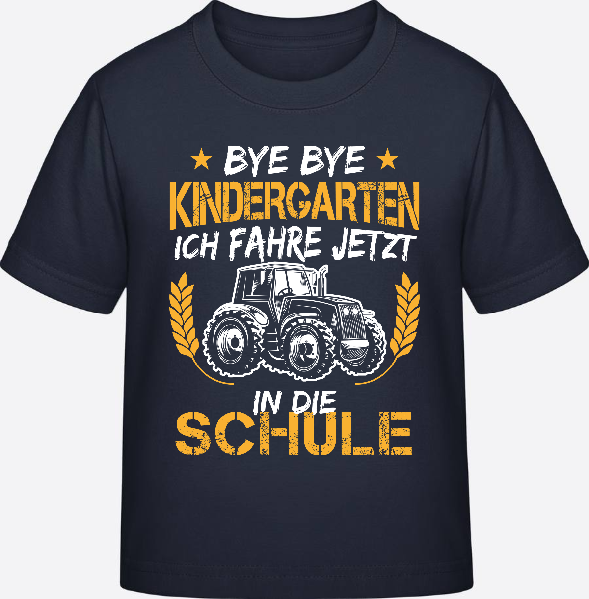 T-Shirt Einschulung: Bye Bye Kindergarten Traktor Weiß-Orange - French Navy
