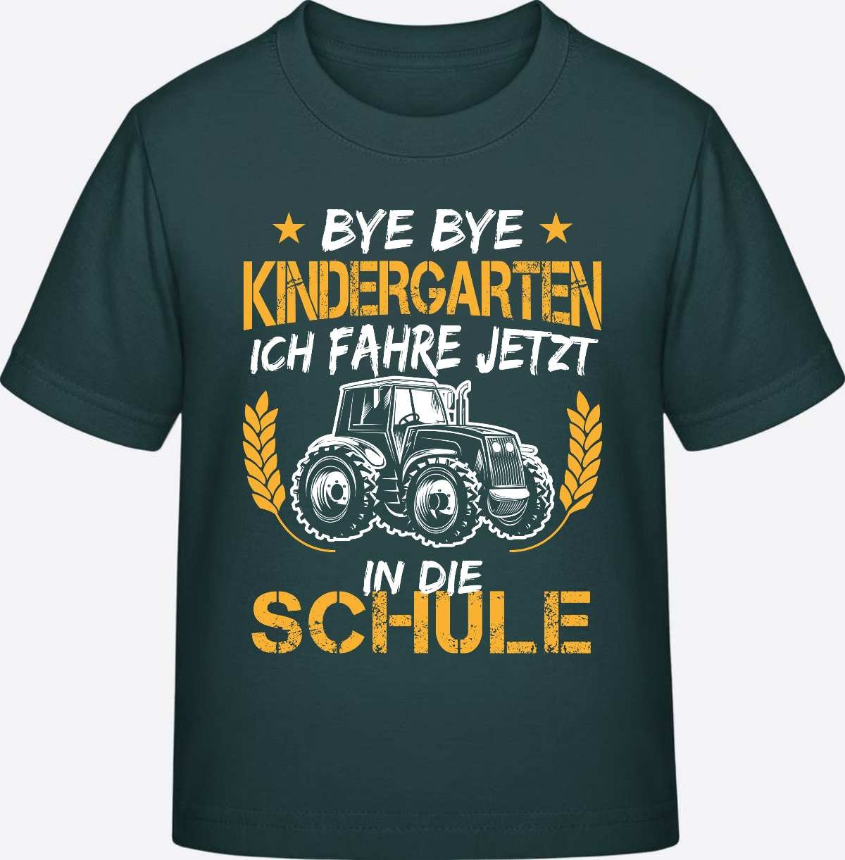 T-Shirt Einschulung: Bye Bye Kindergarten Traktor Weiß-Orange - Glazed Green