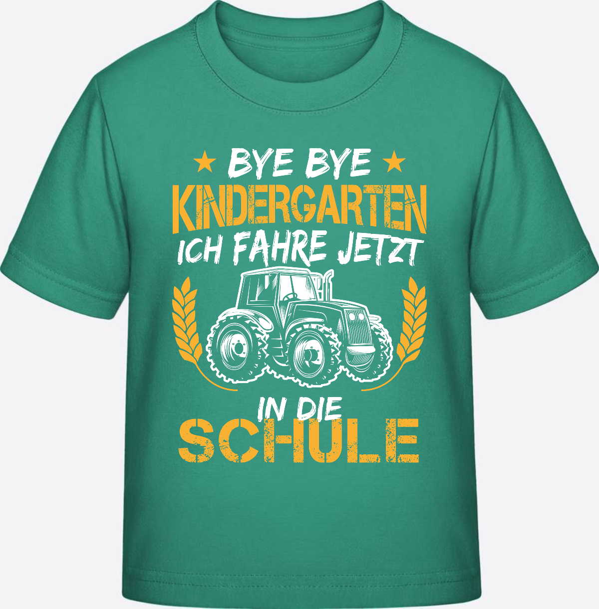 T-Shirt Einschulung: Bye Bye Kindergarten Traktor Weiß-Orange - Go Green