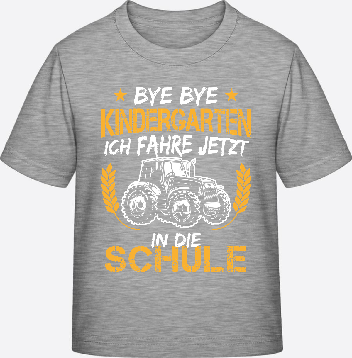 T-Shirt Einschulung: Bye Bye Kindergarten Traktor Weiß-Orange - Heather Grey