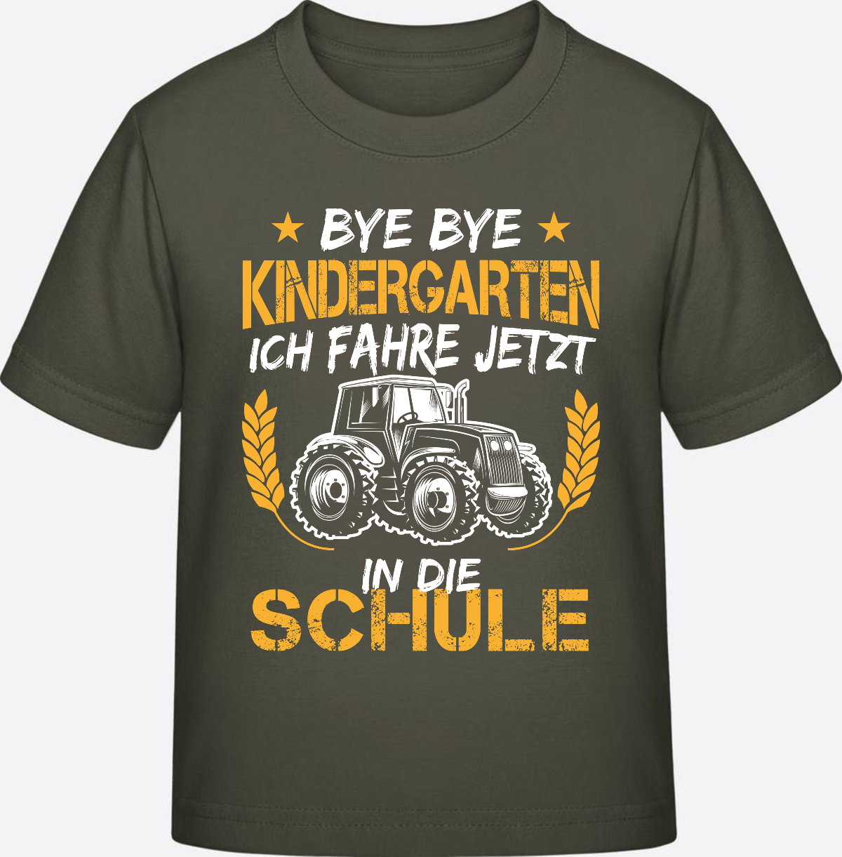 T-Shirt Einschulung: Bye Bye Kindergarten Traktor Weiß-Orange - Khaki