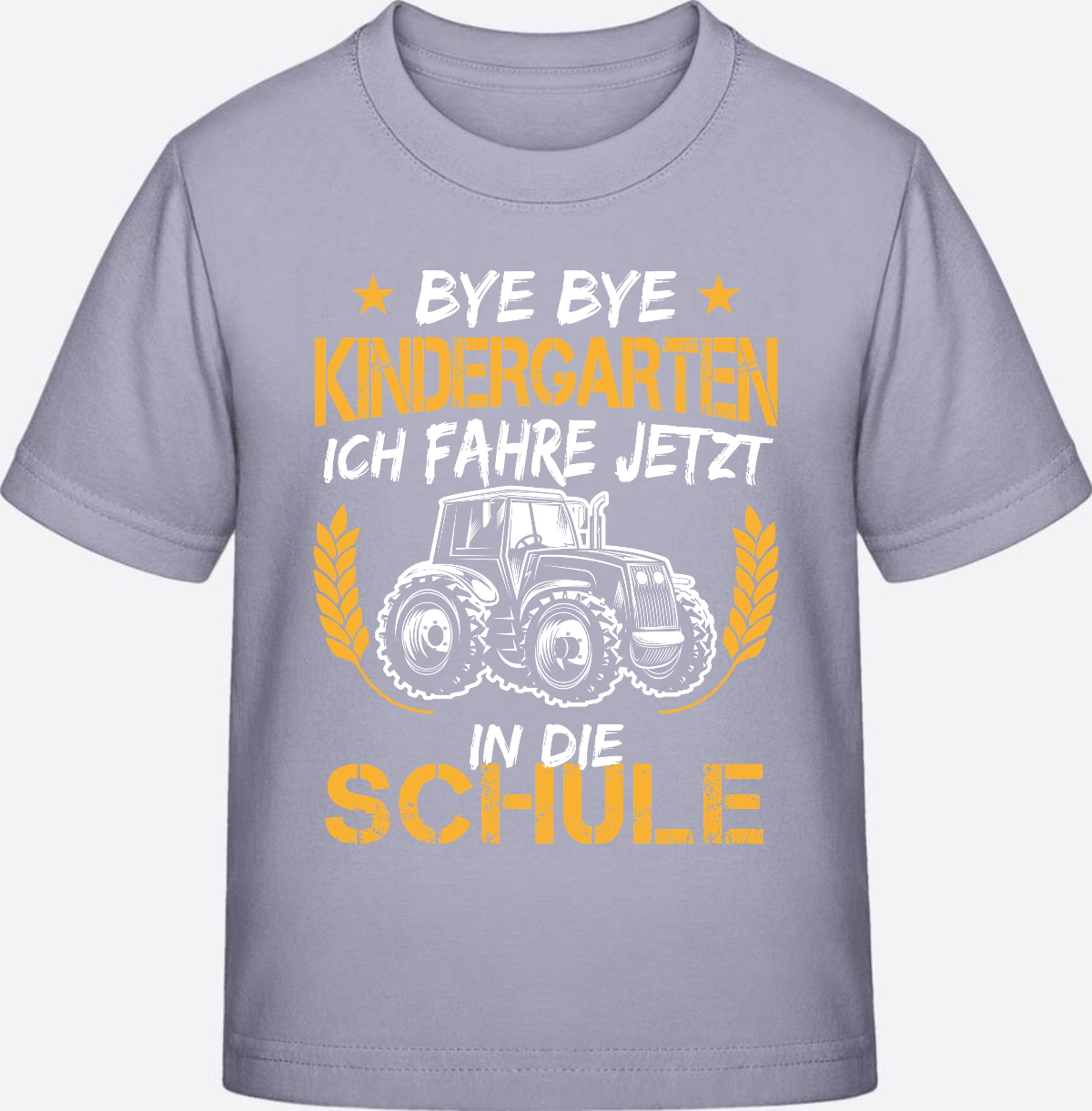 T-Shirt Einschulung: Bye Bye Kindergarten Traktor Weiß-Orange - Lavender