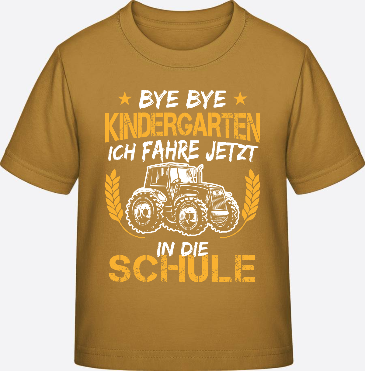 T-Shirt Einschulung: Bye Bye Kindergarten Traktor Weiß-Orange - Ochre