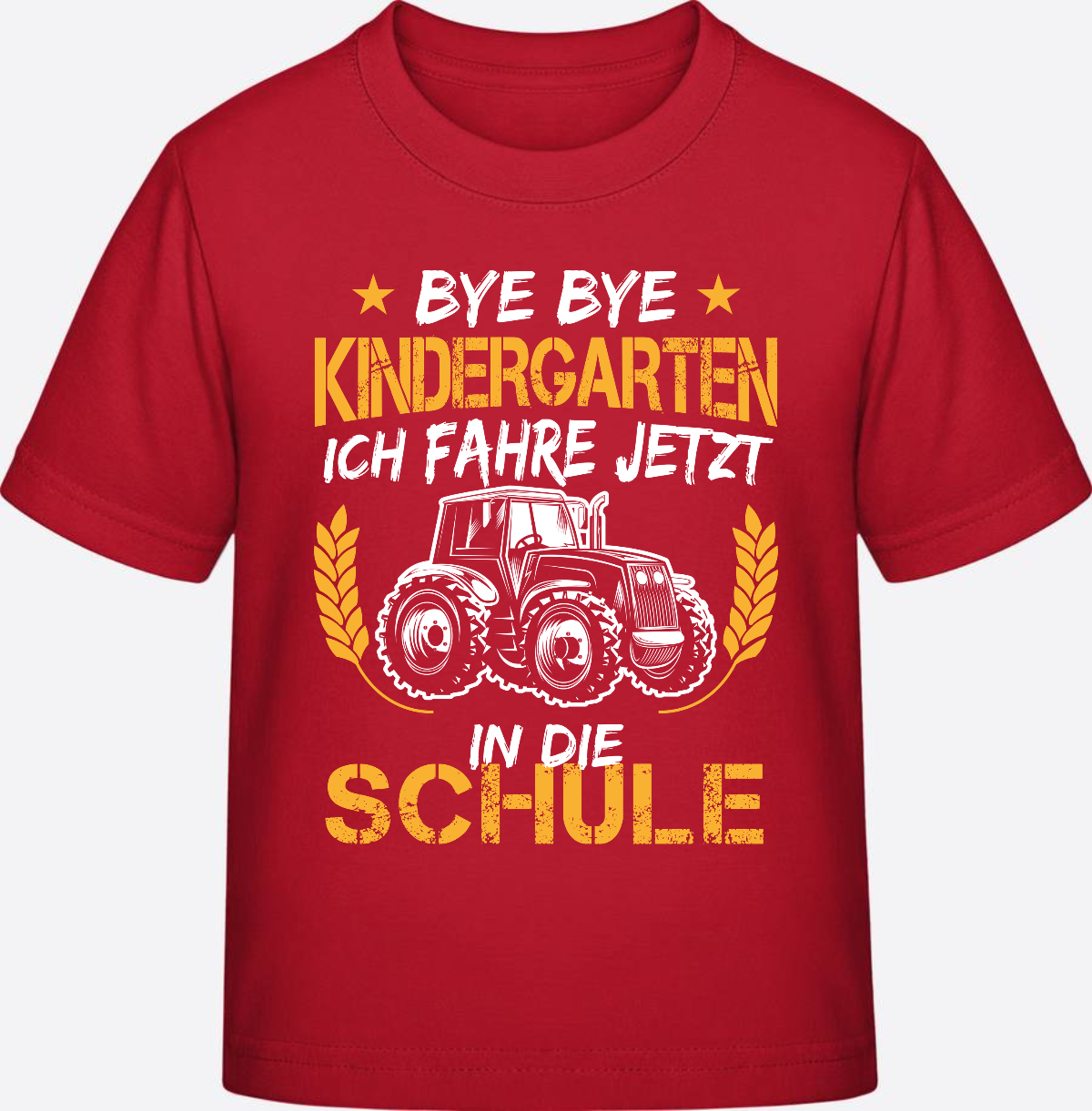 T-Shirt Einschulung: Bye Bye Kindergarten Traktor Weiß-Orange - Red