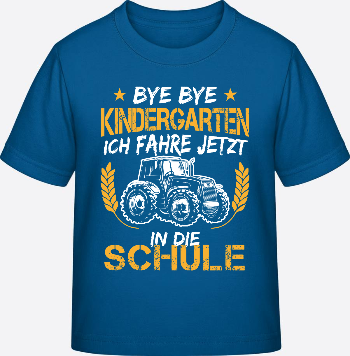 T-Shirt Einschulung: Bye Bye Kindergarten Traktor Weiß-Orange - Royal Blue