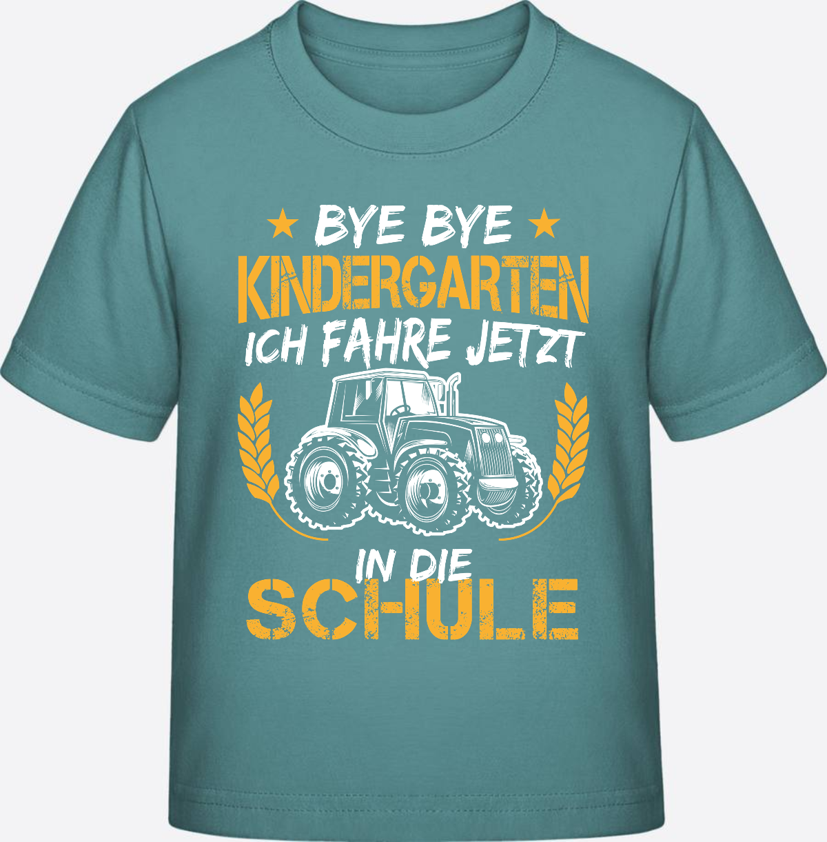 T-Shirt Einschulung: Bye Bye Kindergarten Traktor Weiß-Orange - Teal Monstera