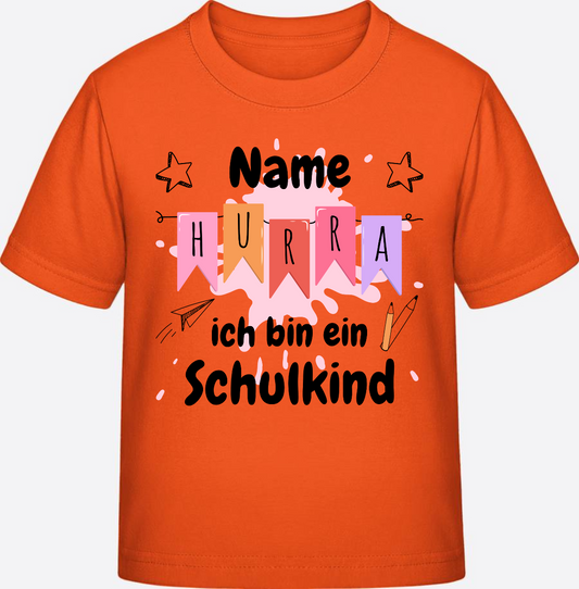 T-Shirt Einschulung – Hurra ich bin ein Schulkind mit Name - Orange