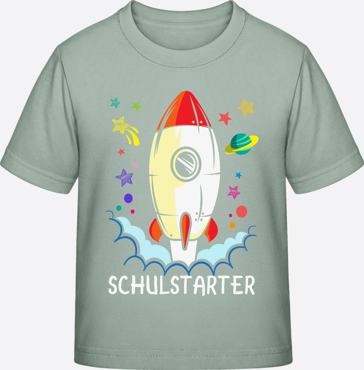 T-Shirt Einschulung mit Name – Bunte Schulstarter Rakete - Aloe