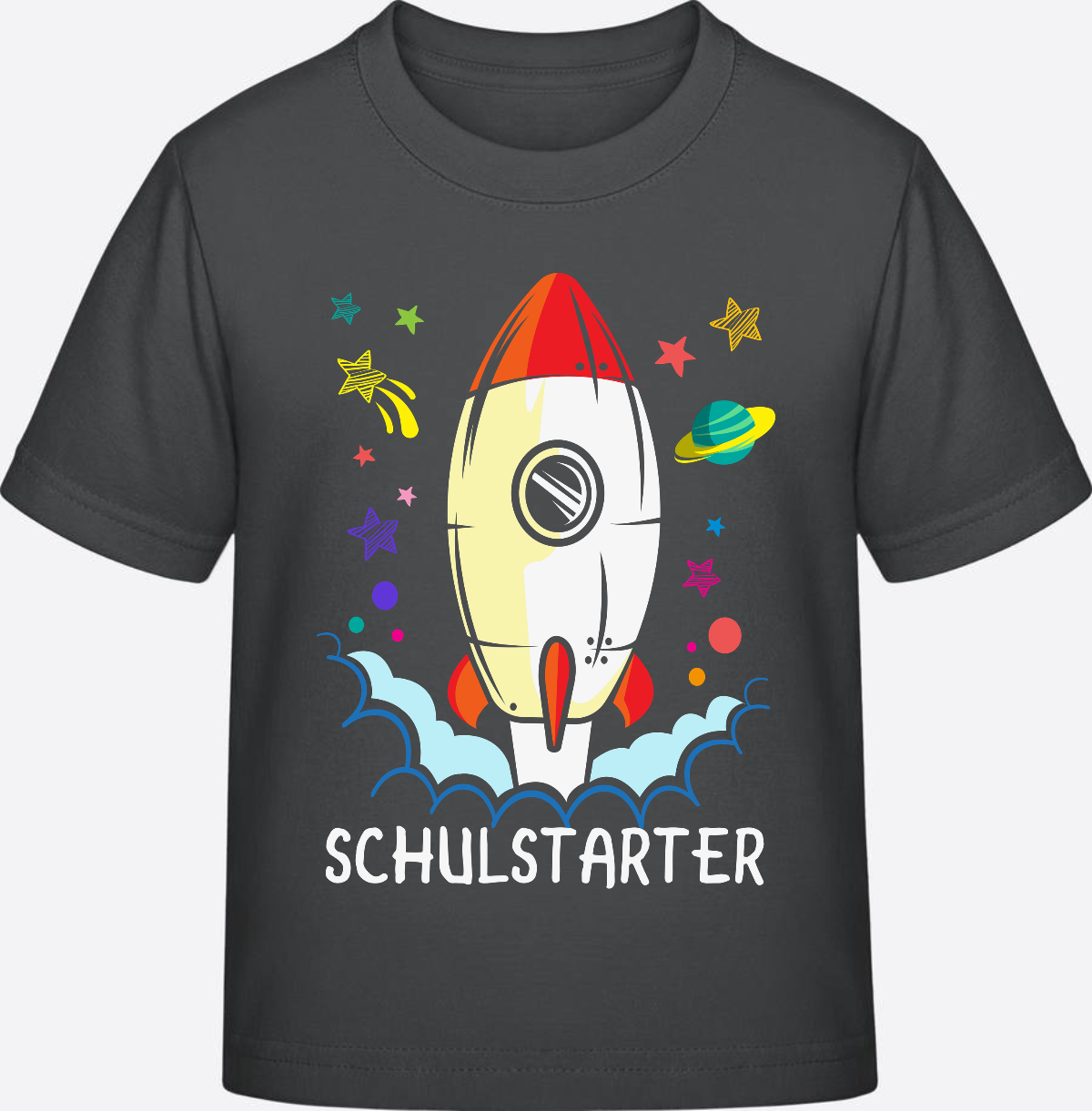 T-Shirt Einschulung mit Name – Bunte Schulstarter Rakete - Anthracite