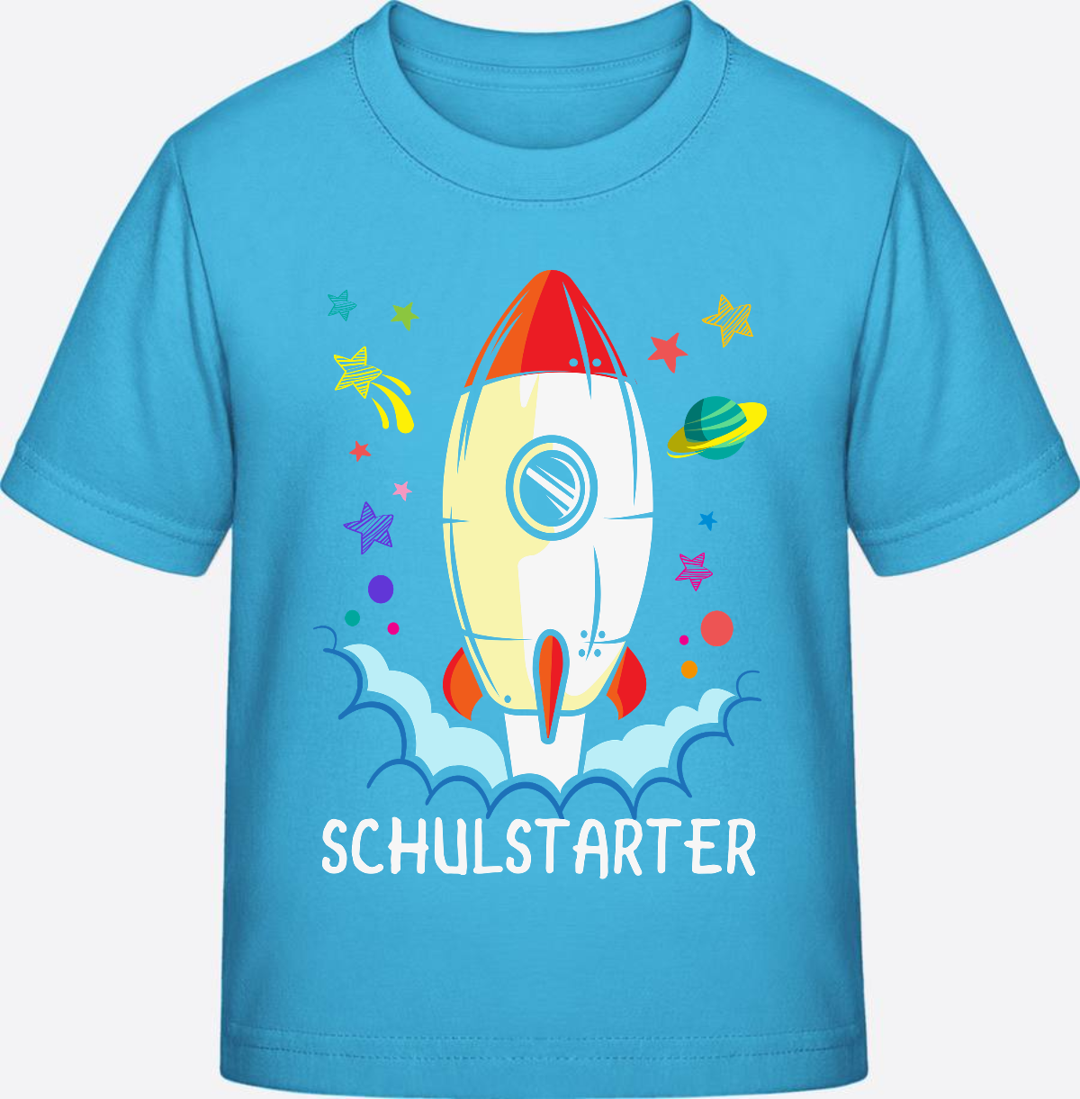 T-Shirt Einschulung mit Name – Bunte Schulstarter Rakete - Aqua Blue