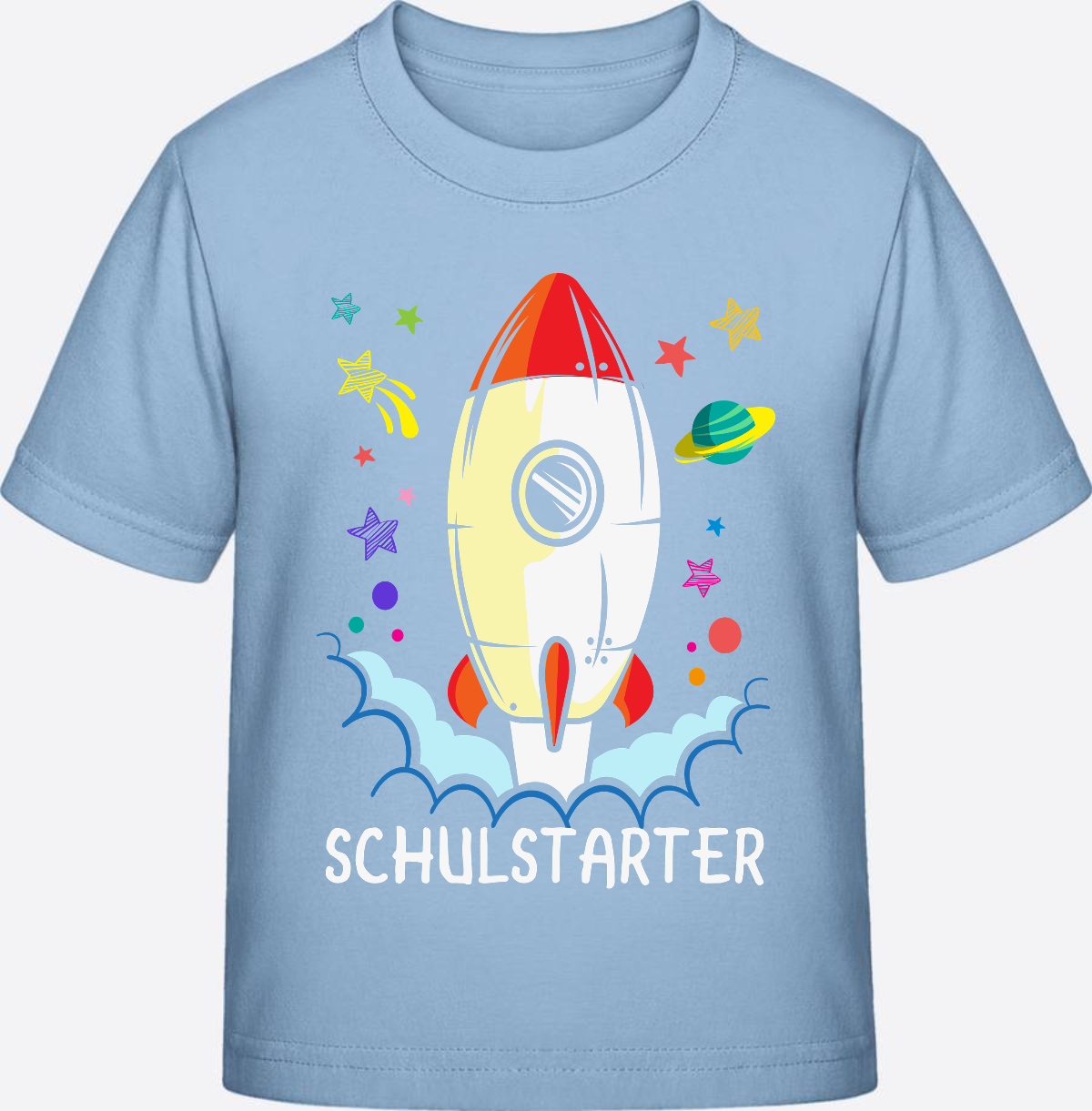T-Shirt Einschulung mit Name – Bunte Schulstarter Rakete - Blue Soul