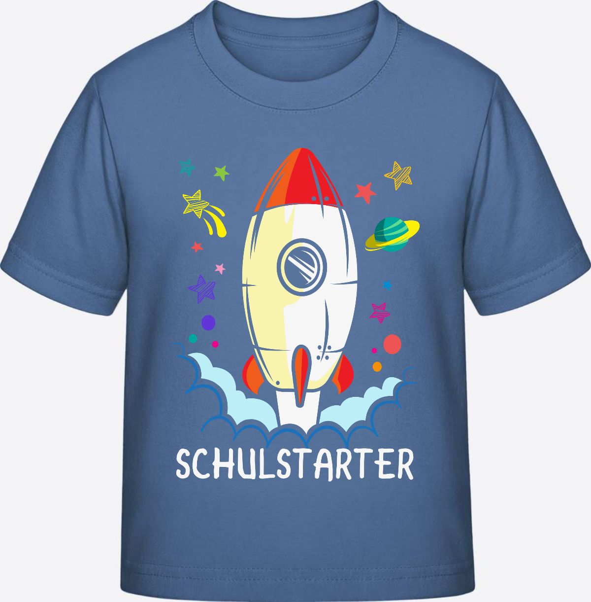 T-Shirt Einschulung mit Name – Bunte Schulstarter Rakete - Bright Blue