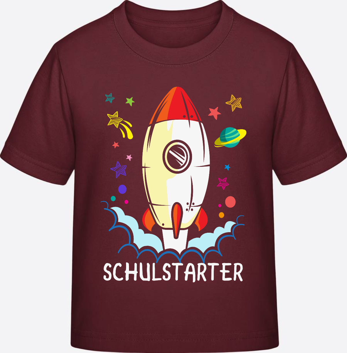 T-Shirt Einschulung mit Name – Bunte Schulstarter Rakete - Burgundy
