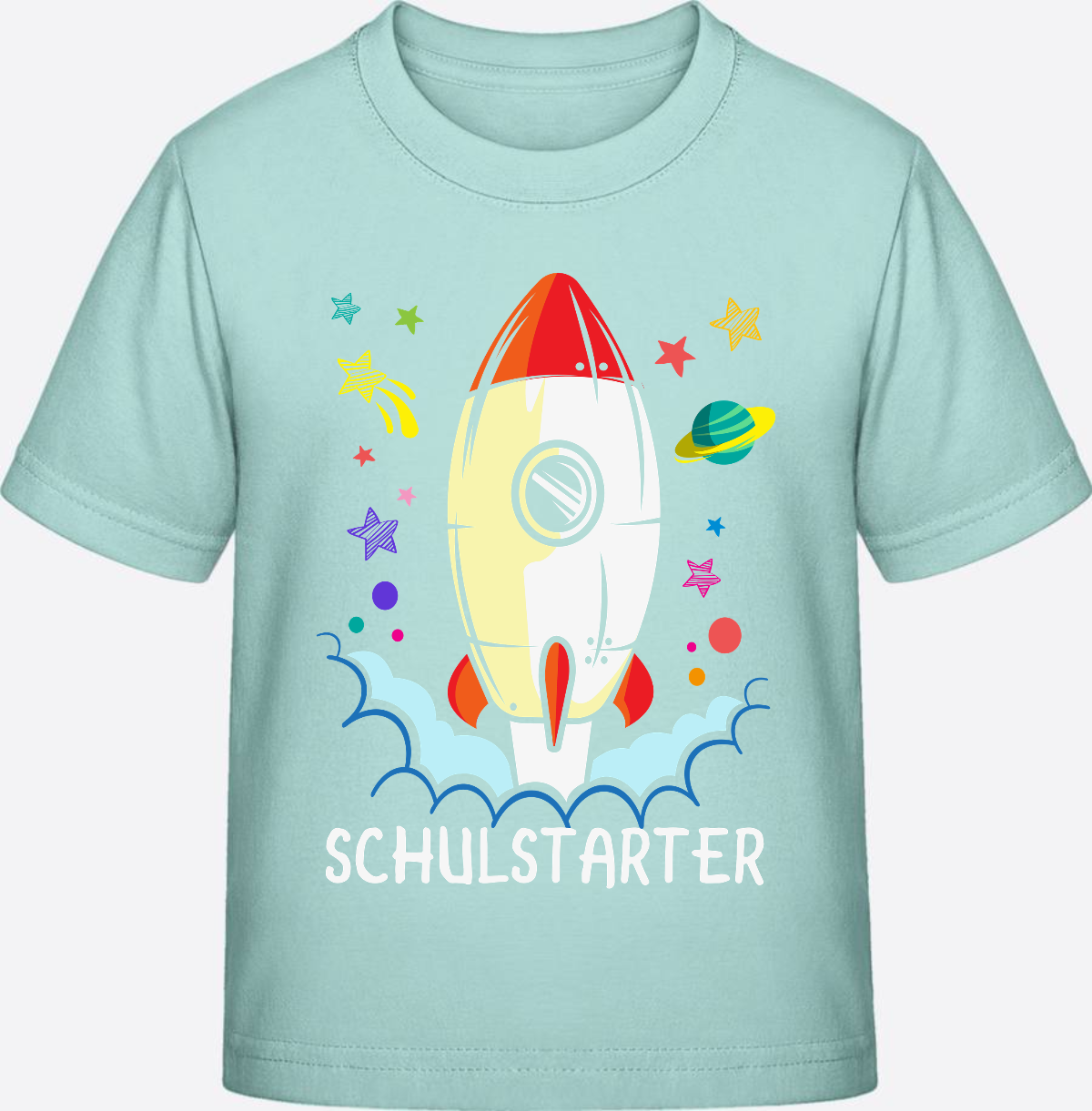 T-Shirt Einschulung mit Name – Bunte Schulstarter Rakete - Caribbean Blue