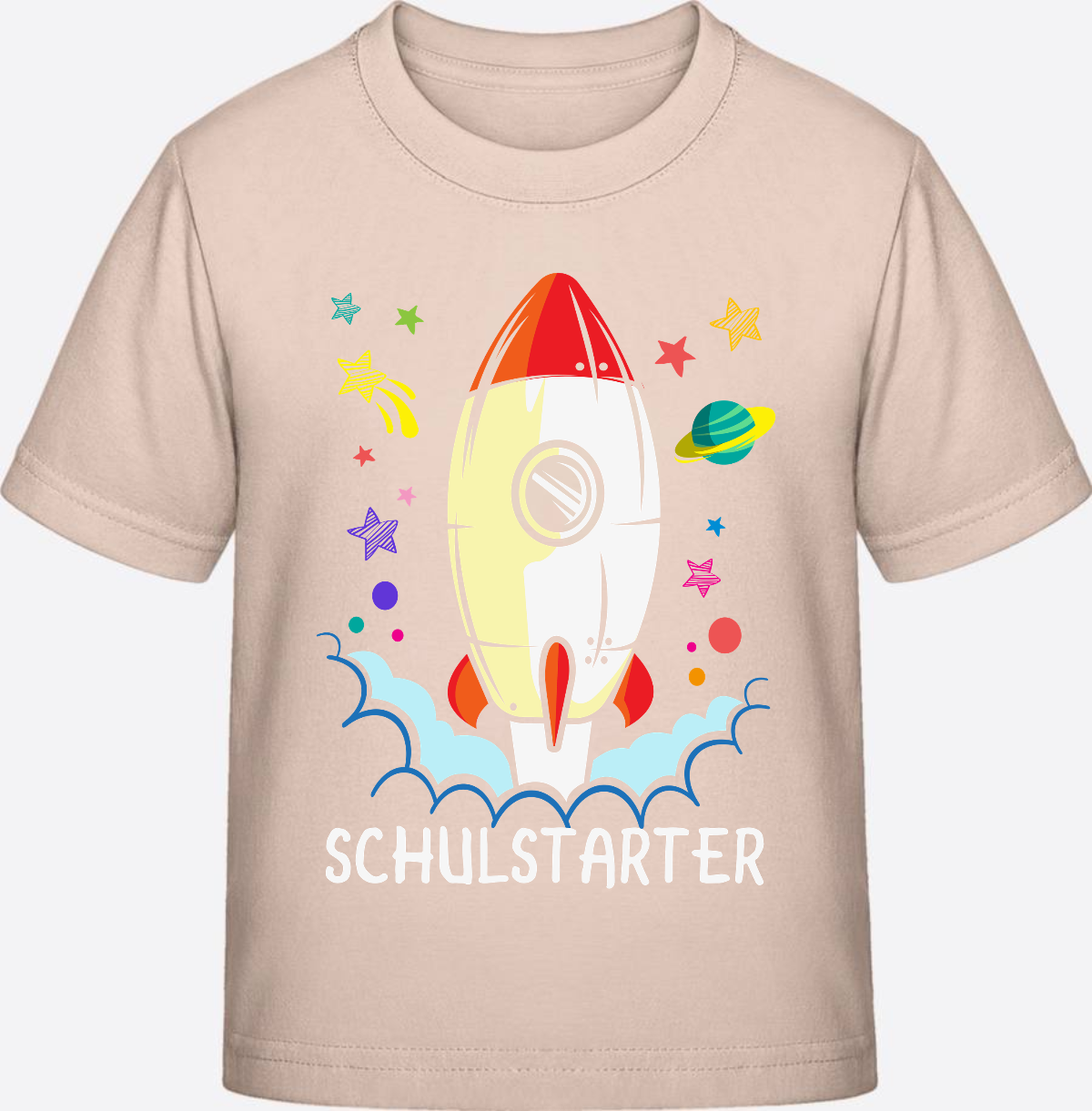 T-Shirt Einschulung mit Name – Bunte Schulstarter Rakete - Eco-Heather