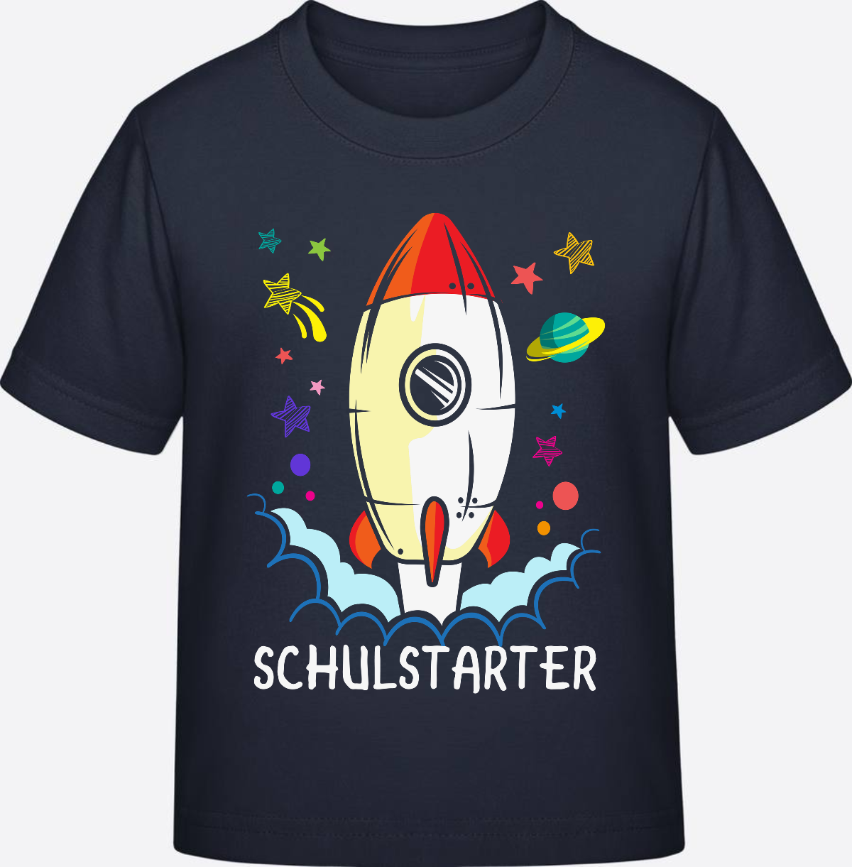 T-Shirt Einschulung mit Name – Bunte Schulstarter Rakete - French Navy