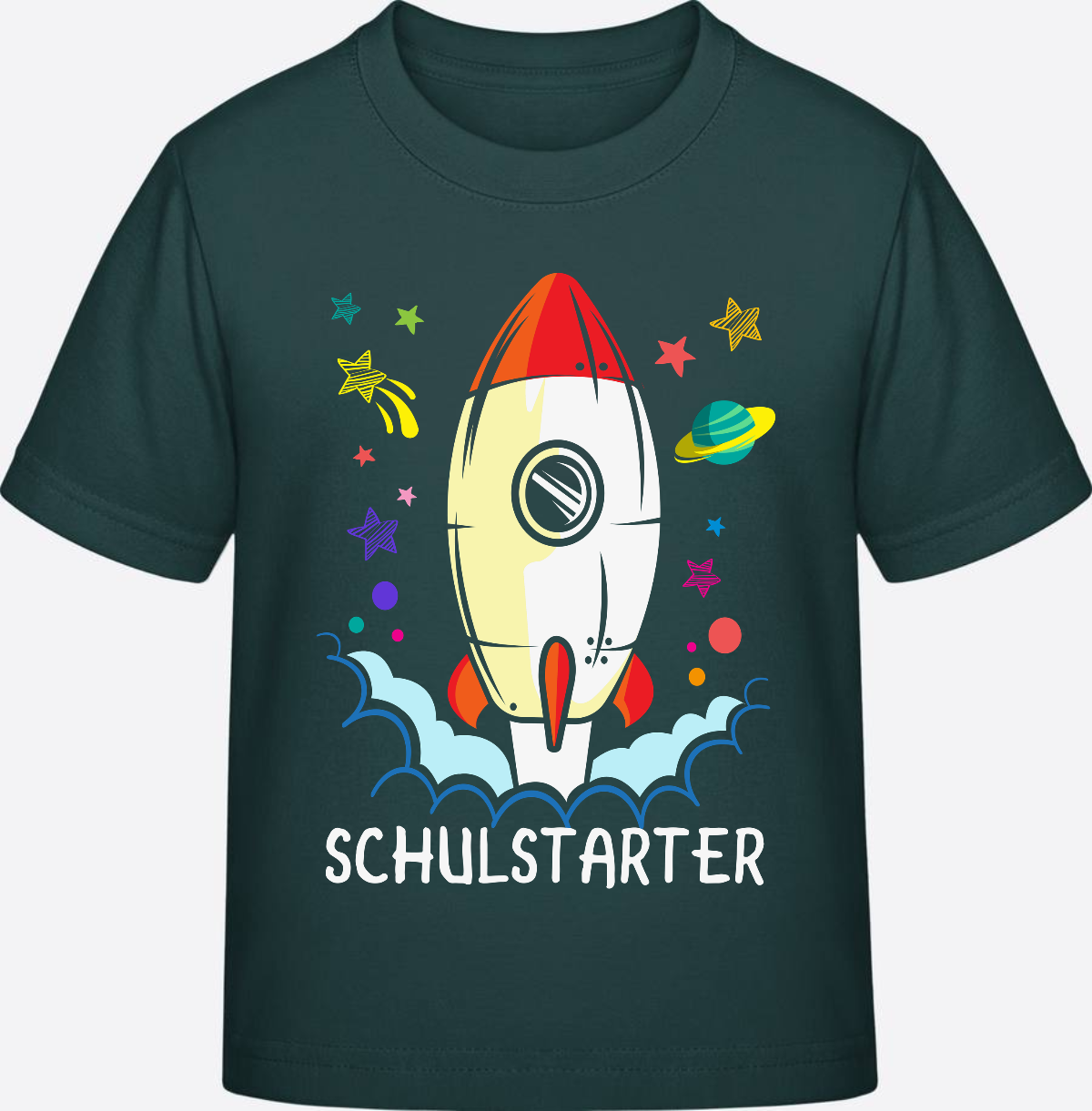 T-Shirt Einschulung mit Name – Bunte Schulstarter Rakete - Glazed Green
