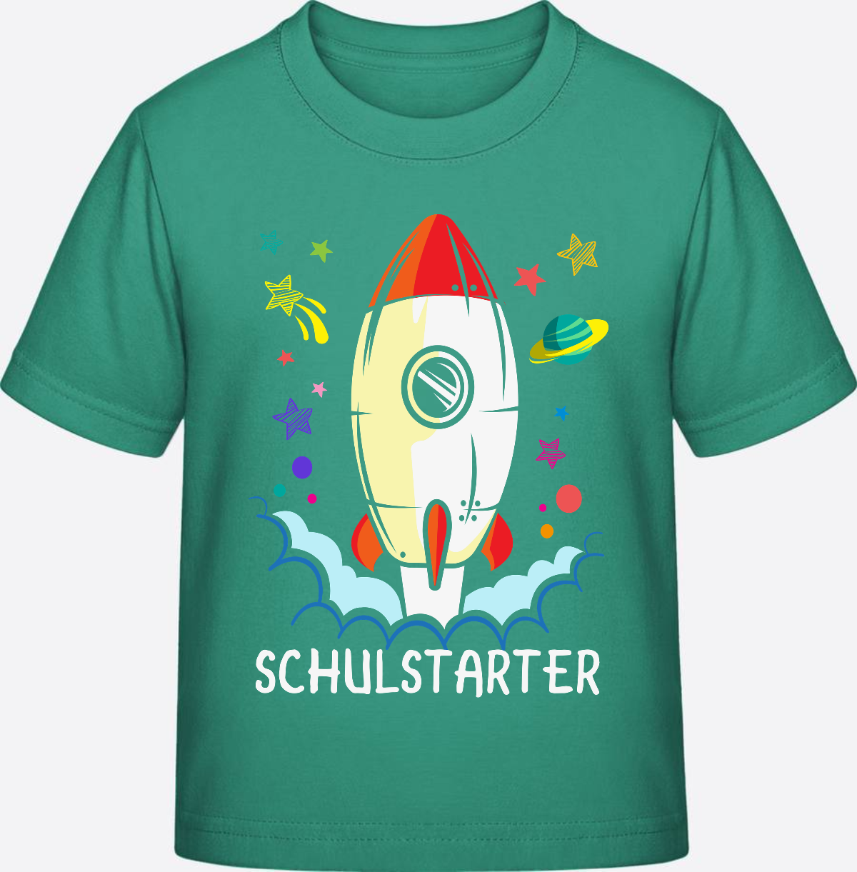 T-Shirt Einschulung mit Name – Bunte Schulstarter Rakete - Go Green