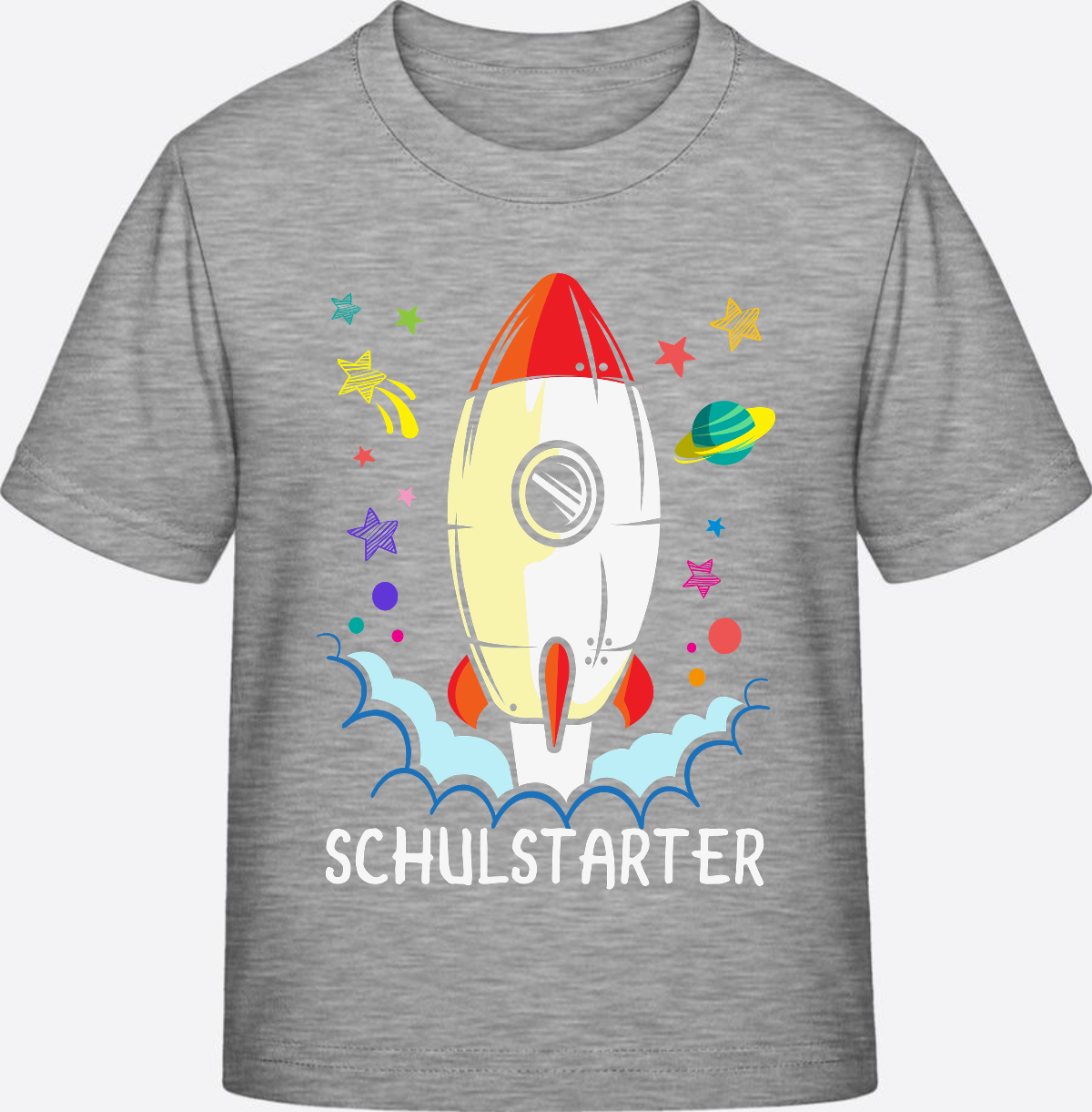 T-Shirt Einschulung mit Name – Bunte Schulstarter Rakete - Heather Grey