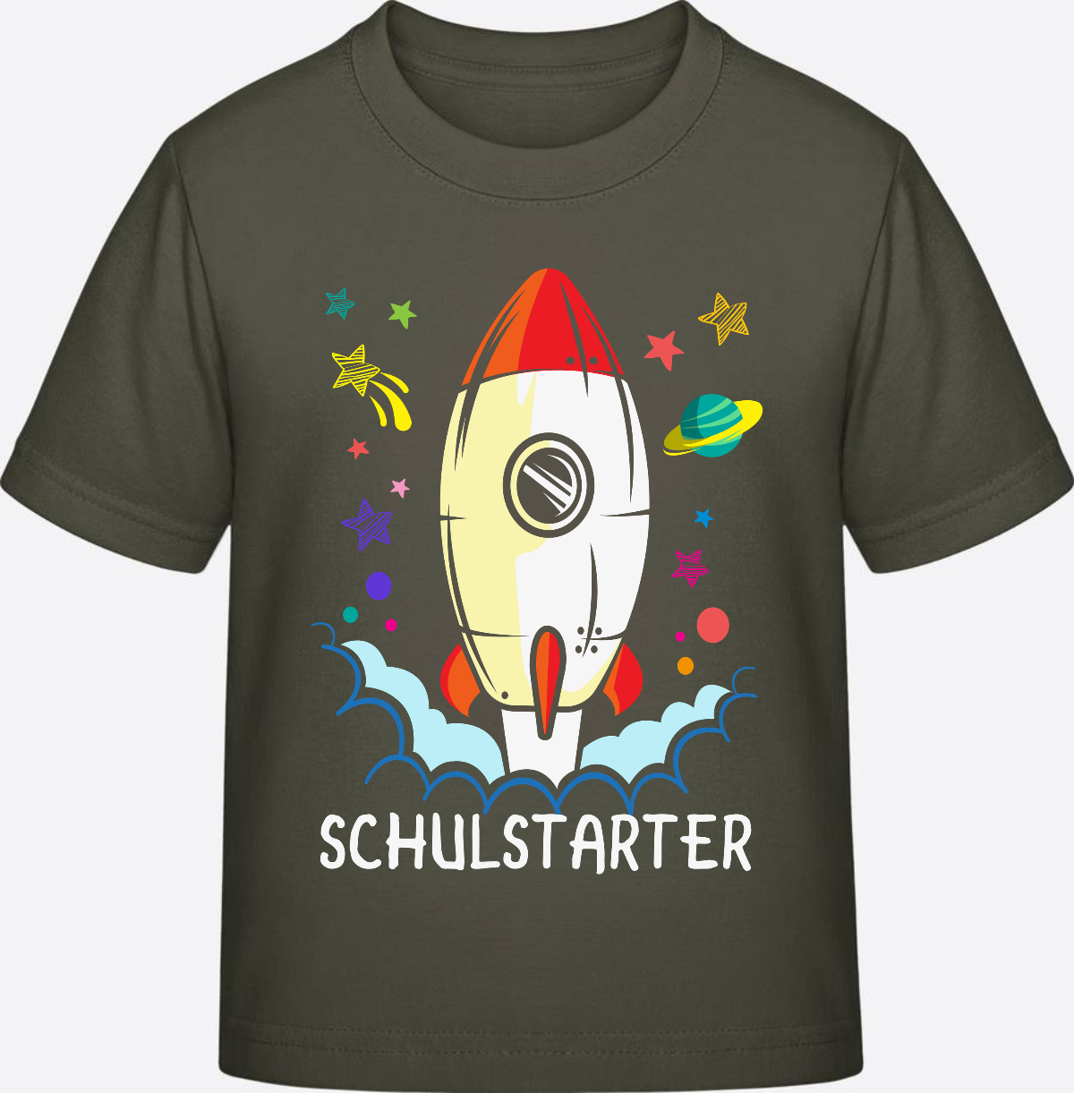 T-Shirt Einschulung mit Name – Bunte Schulstarter Rakete - Khaki