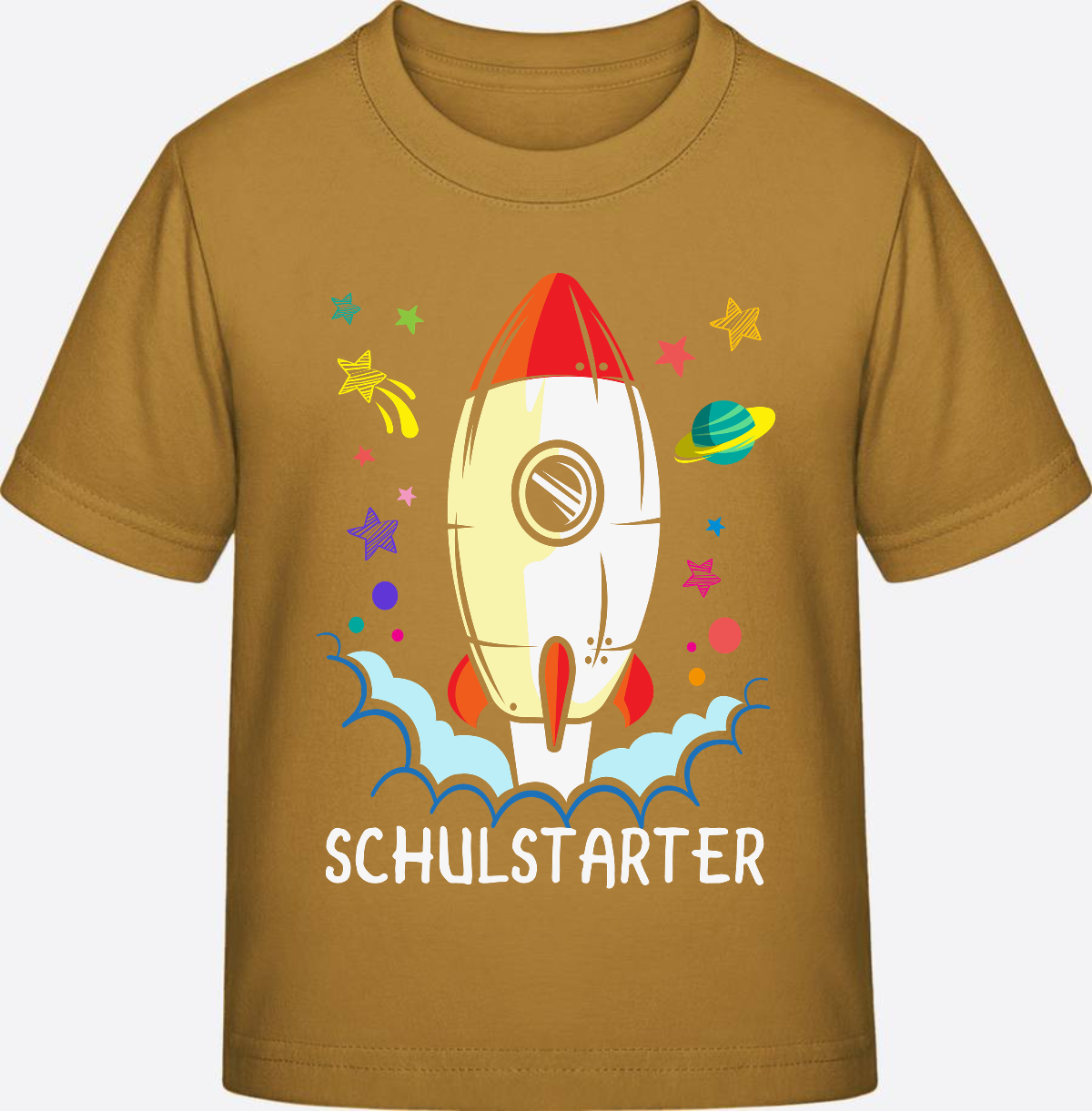 T-Shirt Einschulung mit Name – Bunte Schulstarter Rakete - Ochre