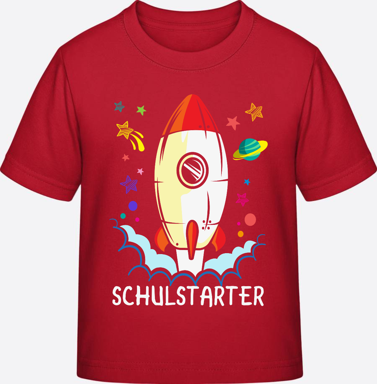 T-Shirt Einschulung mit Name – Bunte Schulstarter Rakete - Red