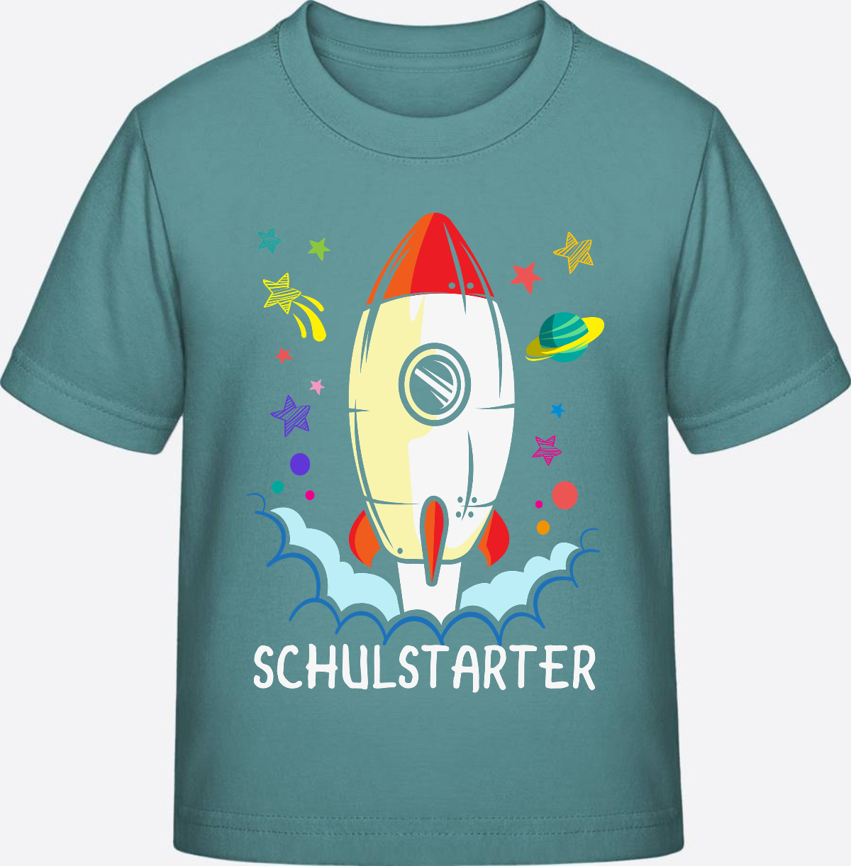 T-Shirt Einschulung mit Name – Bunte Schulstarter Rakete - Teal Monstera