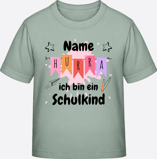 T-Shirt Einschulung mit Name: Hurra ich bin ein Schulkind - Aloe